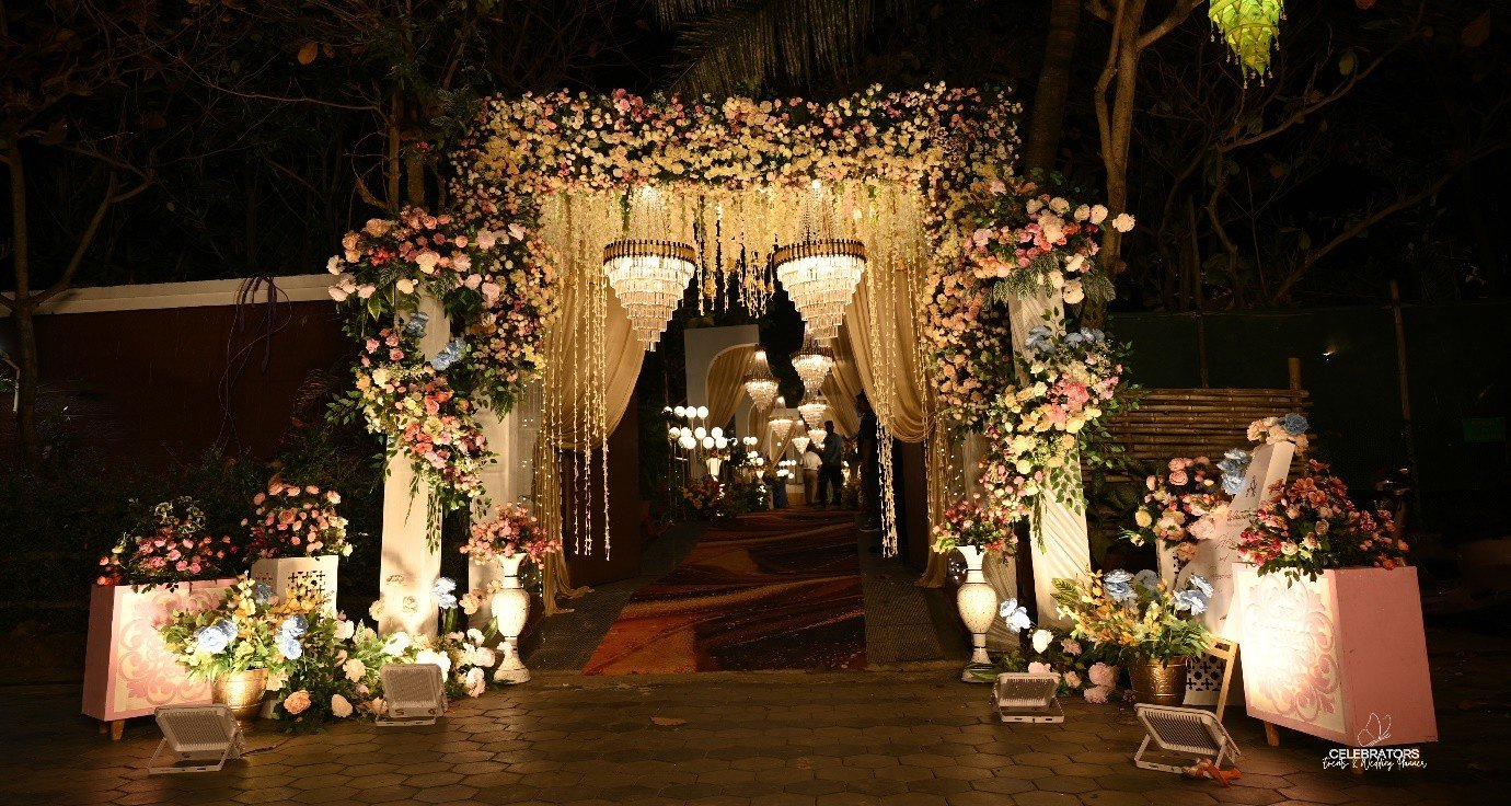 A Celebrators wedding celebration entrance at night